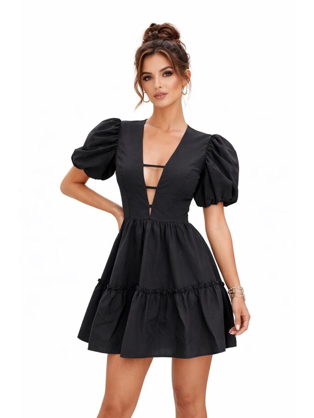 Black Puff Sleeve Mini Dress M  Deep V Strap Cutout Tiered Ruffle Babydoll NWOT